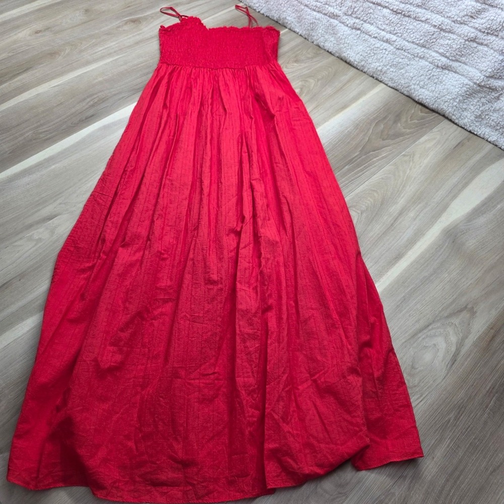 & Other Stories Red Smocked Bodice Strappy Cotton Maxi Dress Women's size 8